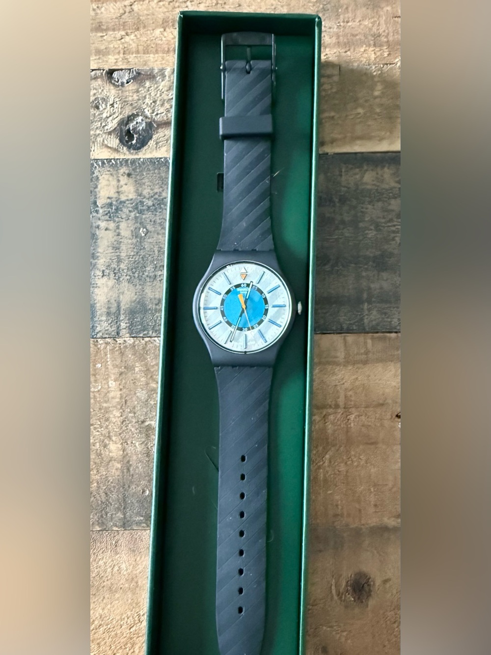 Swatch Black Strap Watch with Blue Dial and Orange Second Hand